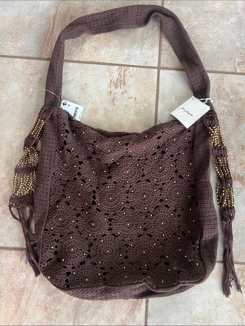 Free People Crochet Shoulder Bag in Chocolate Brown